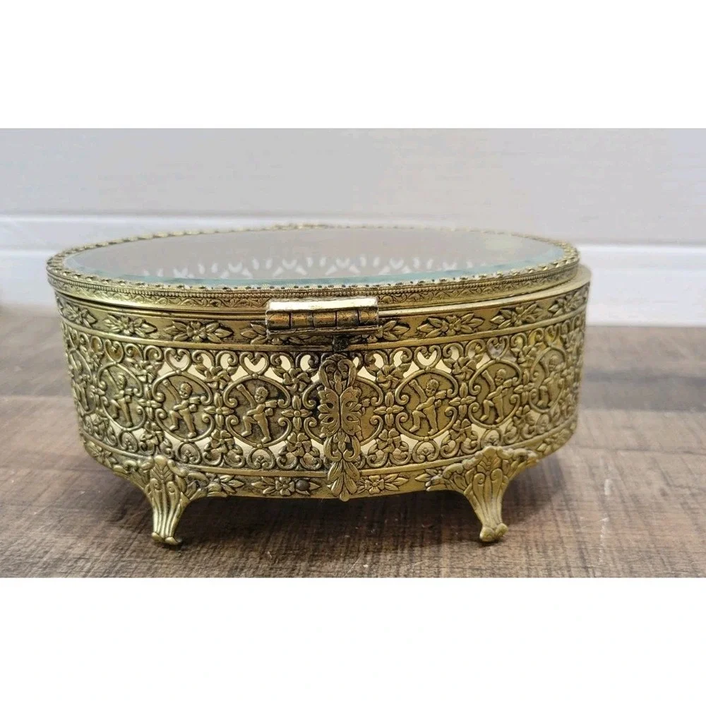 VTG Globe Oval 24kt Gold Plate Filigree Ormolu Jewelry Casket